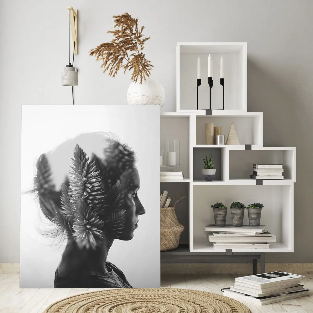 Glasbild - Bild auf glas - Ein subtiles Porträt mit Elementen der Natur - 80x120cm - Dame des Kiefernwaldes - Moderne Wanddekoration für Wohnzimmer und Schlafzimmer ARTTOR