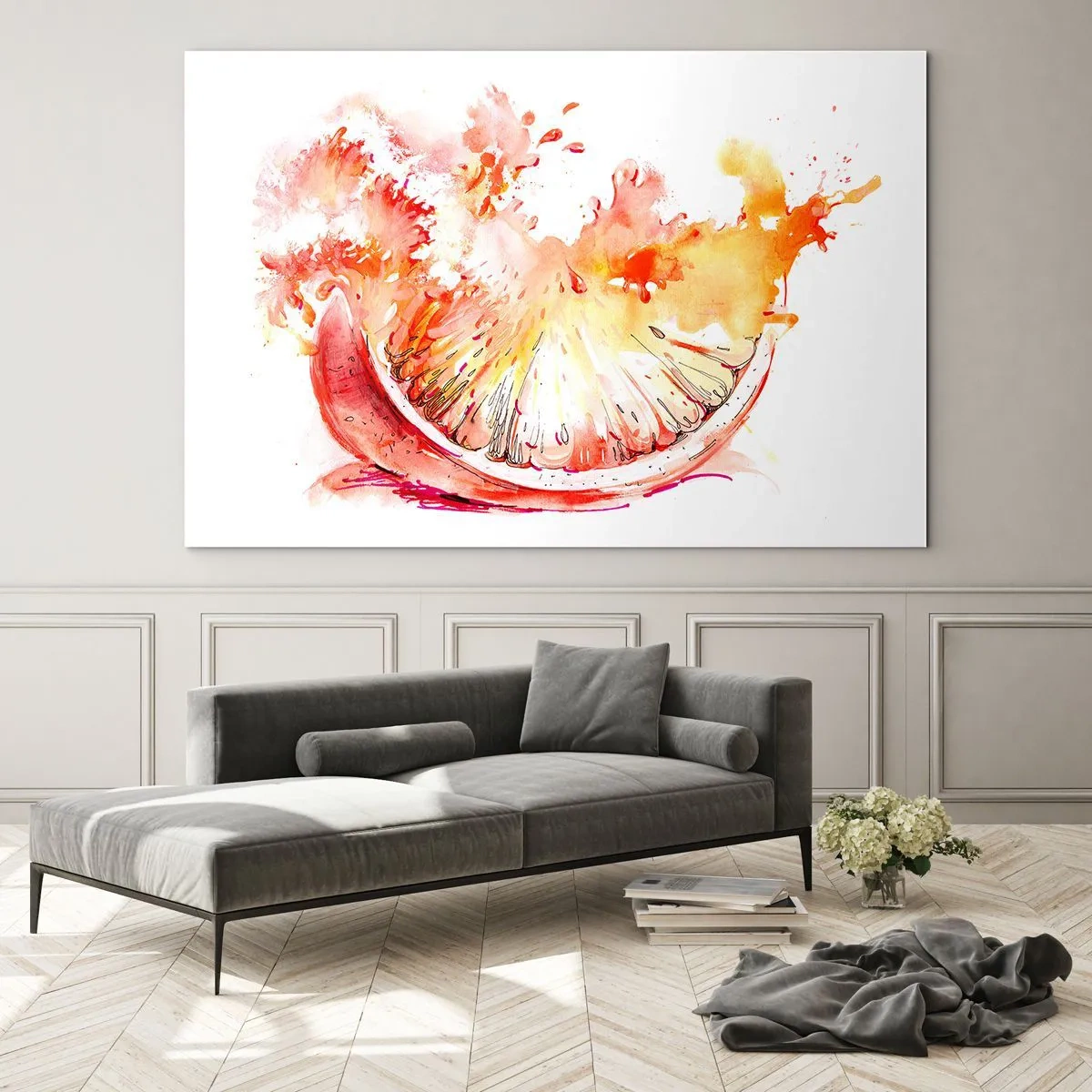 Glasbild - Bild auf glas - Aquarellmalerei eines saftigen Grapefruitsegments in Bewegung - 100x70cm - Saftige Erfrischung - Moderne Wanddekoration für Wohnzimmer und Schlafzimmer ARTTOR