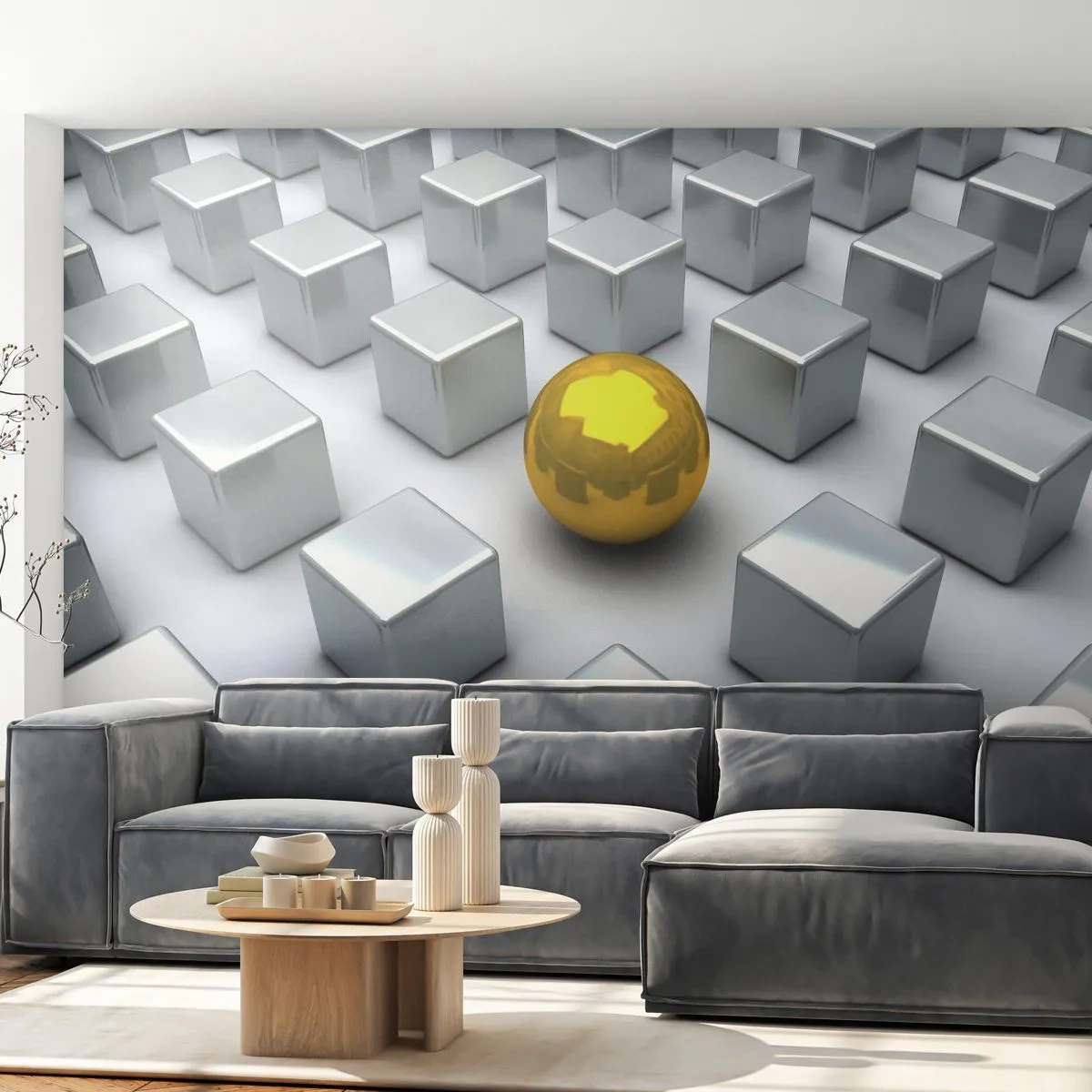 Fototapete Premium Canvas - Eine goldene Kugel, die zwischen den silbernen Würfeln hervorsticht - 100x70cm - Warum ich? Geometrische Zusammensetzung - Moderne Wanddekoration für Wohnzimmer und Schlafzimmer ARTTOR
