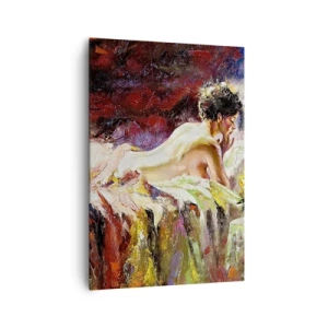 Bild auf Leinwand - Leinwandbild - Eine Frau liegt auf einem Bett vor einem Hintergrund aus abstrakten Farben. - 70x100cm - Venus in Gedanken - Moderne Wanddekoration für Wohnzimmer und Schlafzimmer ARTTOR
