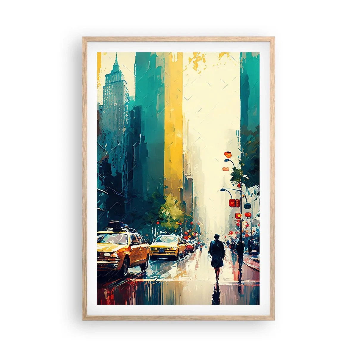 Poster in einem Rahmen aus heller Eiche - New York – selbst der Regen ist hier bunt - 61x91 cm