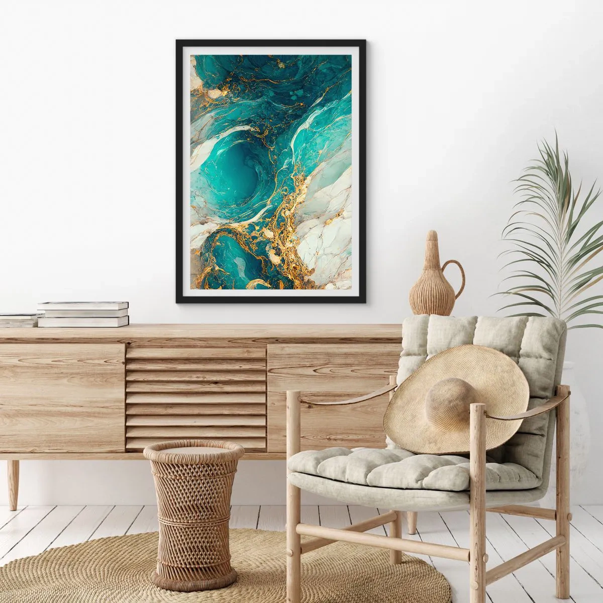 Poster in einem schwarzem Rahmen - Türkisfarbene Abstraktion mit goldenen Akzenten - 50x70cm - Komposition mit Goldadern - Moderne Wanddekoration für Wohnzimmer und Schlafzimmer ARTTOR