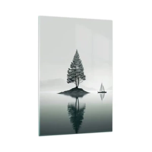 Glasbild - Bild auf glas - Eine minimalistische Landschaft mit einem Baum auf einer Insel und einem Segelboot. - 70x100cm - Traum - Moderne Wanddekoration für Wohnzimmer und Schlafzimmer ARTTOR