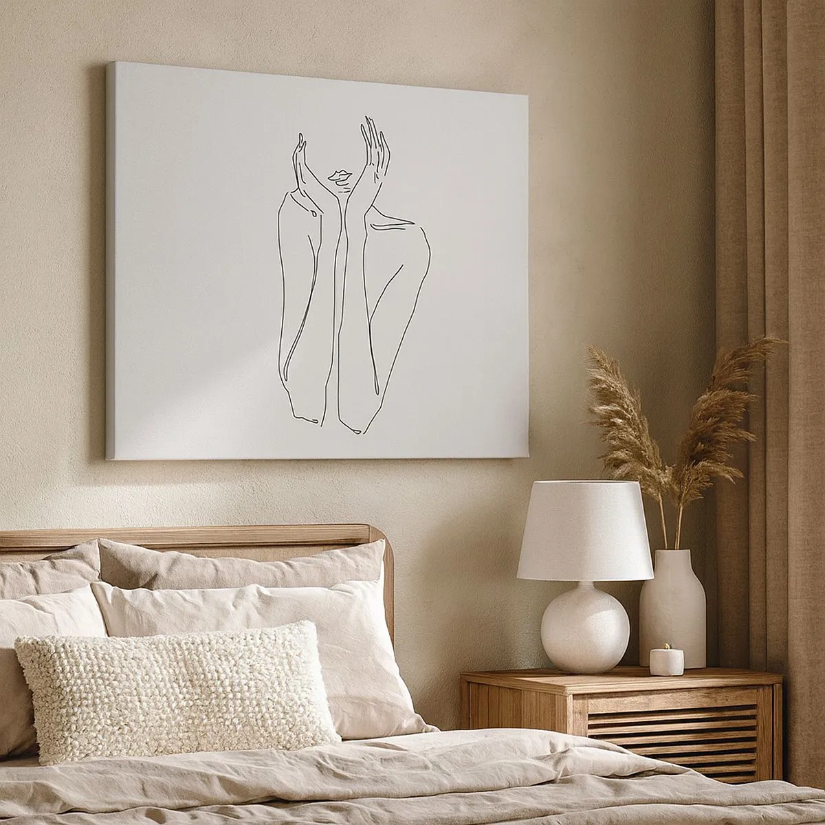 Bild auf Leinwand - Leinwandbild - Minimalistische Strichzeichnung von Gesicht und Händen - 70x50cm - Wovon Mädchen träumen - Moderne Wanddekoration für Wohnzimmer und Schlafzimmer ARTTOR