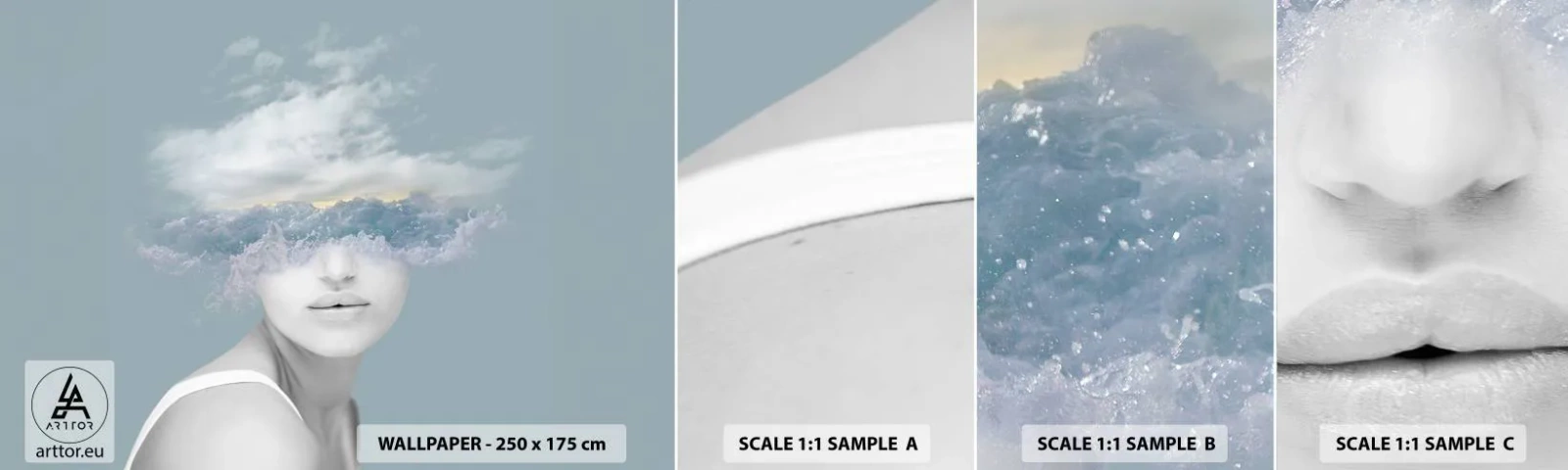 Fototapeten Muster Selbstklebend Deluxe Sticker - Mit dem Kopf in den Wolken - Hell, Porträt, Wolken - 100x30 cm