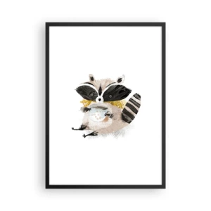 Poster in einem schwarzem Rahmen - Eine Zeichnung eines Waschbären, der einen Schal trägt und eine Tasse Tee hält. - 50x70cm - Mein Freund der Waschbär - Moderne Wanddekoration für Wohnzimmer und Schlafzimmer ARTTOR