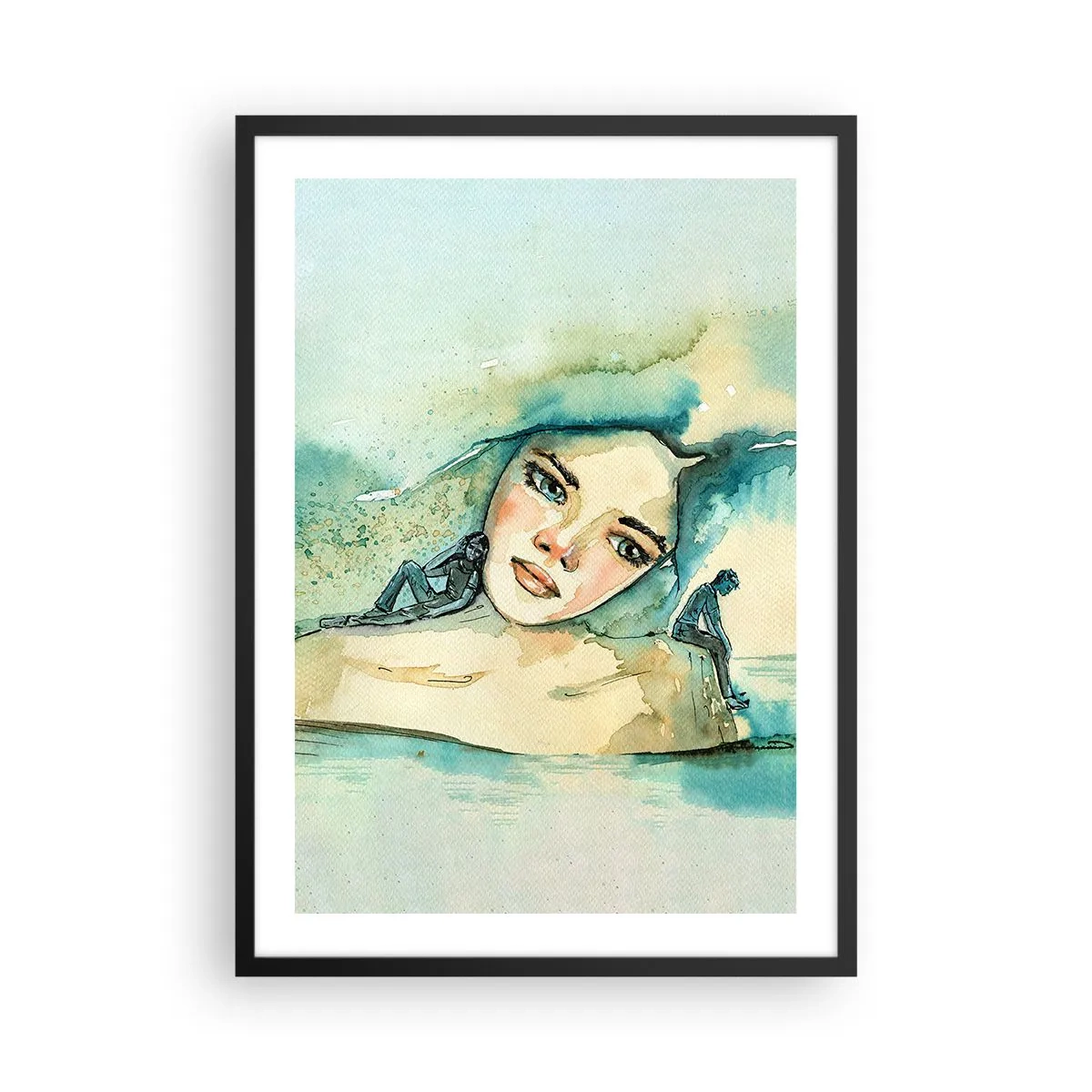 Poster in einem schwarzem Rahmen - Porträt einer Frau im künstlerischen Aquarellstil - 50x70cm - Bin ich blau? - Moderne Wanddekoration für Wohnzimmer und Schlafzimmer ARTTOR