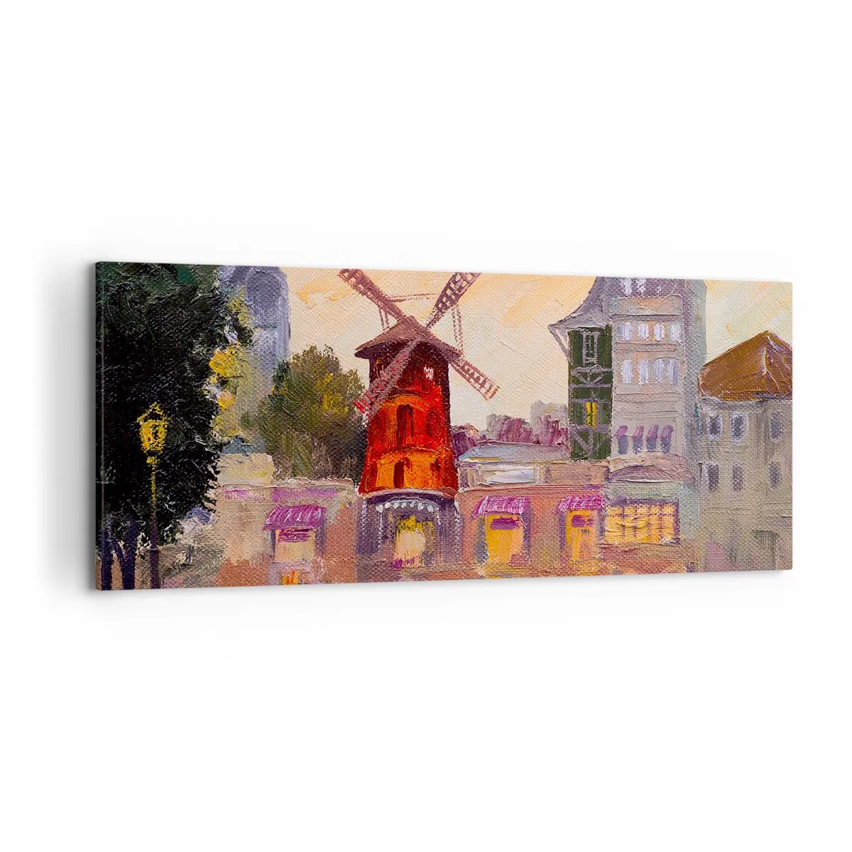 Bild auf Leinwand - Leinwandbild - Die rote Windmühle des Moulin Rouge, umgeben von der Stadtlandschaft - 120x50cm - Pariser Ikonen – Moulin Rouge - Moderne Wanddekoration für Wohnzimmer und Schlafzimmer ARTTOR