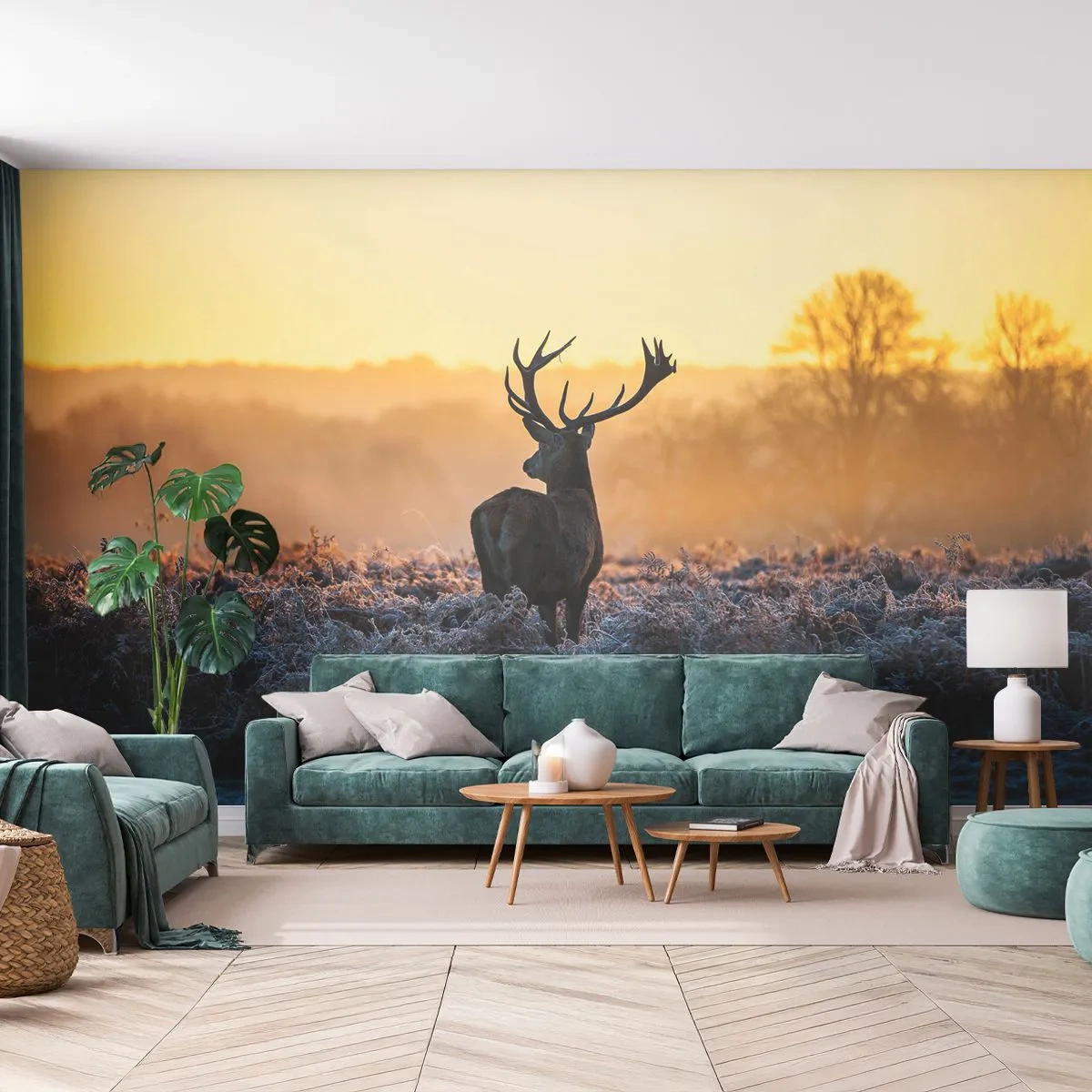 Fototapete Premium Canvas - Gekrönt auf seinem Besitz - Landschaft, Tiere, Reh - 300x210 cm