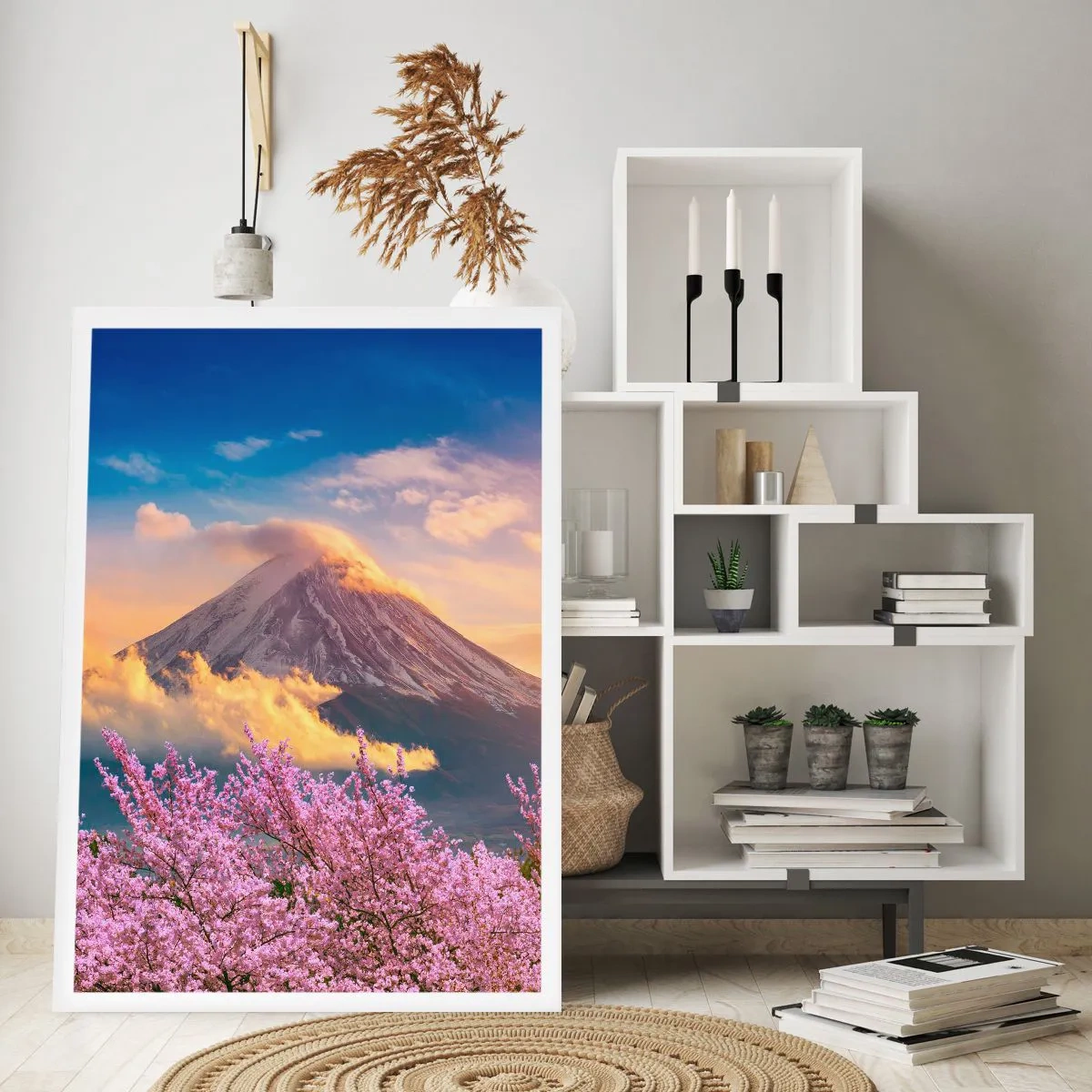 Poster - Der Fuji, umgeben von Kirschblüten bei Sonnenuntergang - 50x70cm - Japanische Heiligkeit - Moderne Wanddekoration für Wohnzimmer und Schlafzimmer ARTTOR