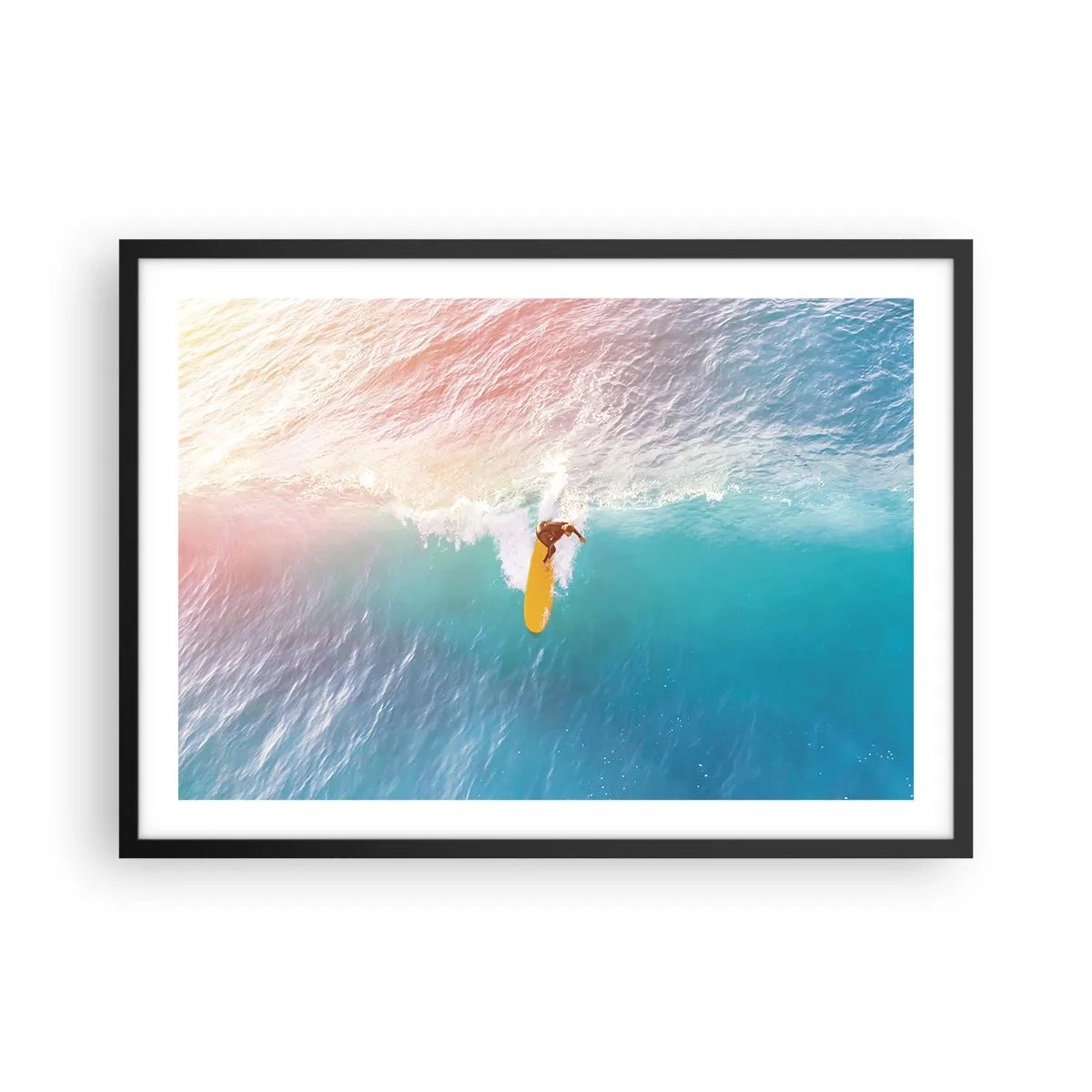 Poster in einem schwarzem Rahmen - Surfer auf einer Welle in Pastellfarben - 70x50cm - Der Ozeanreiter - Moderne Wanddekoration für Wohnzimmer und Schlafzimmer ARTTOR