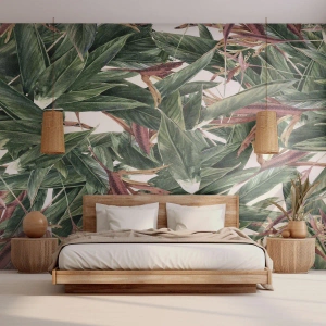 Selbstklebende Fototapete Deluxe Sticker - Smaragd-lila Dickicht - Blumen, Hawaii, Blätter - 100x70 cm