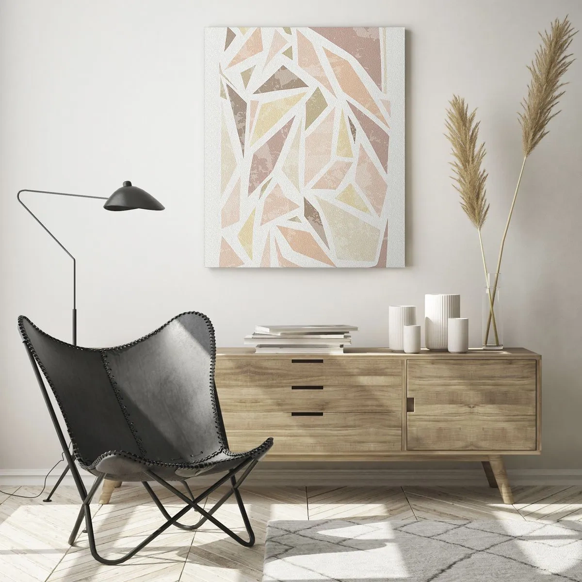 Glasbild - Bild auf glas - Geometrisches Mosaik in Pastellfarben auf hellem Hintergrund - 50x70cm - Buntglas-Komposition - Moderne Wanddekoration für Wohnzimmer und Schlafzimmer ARTTOR