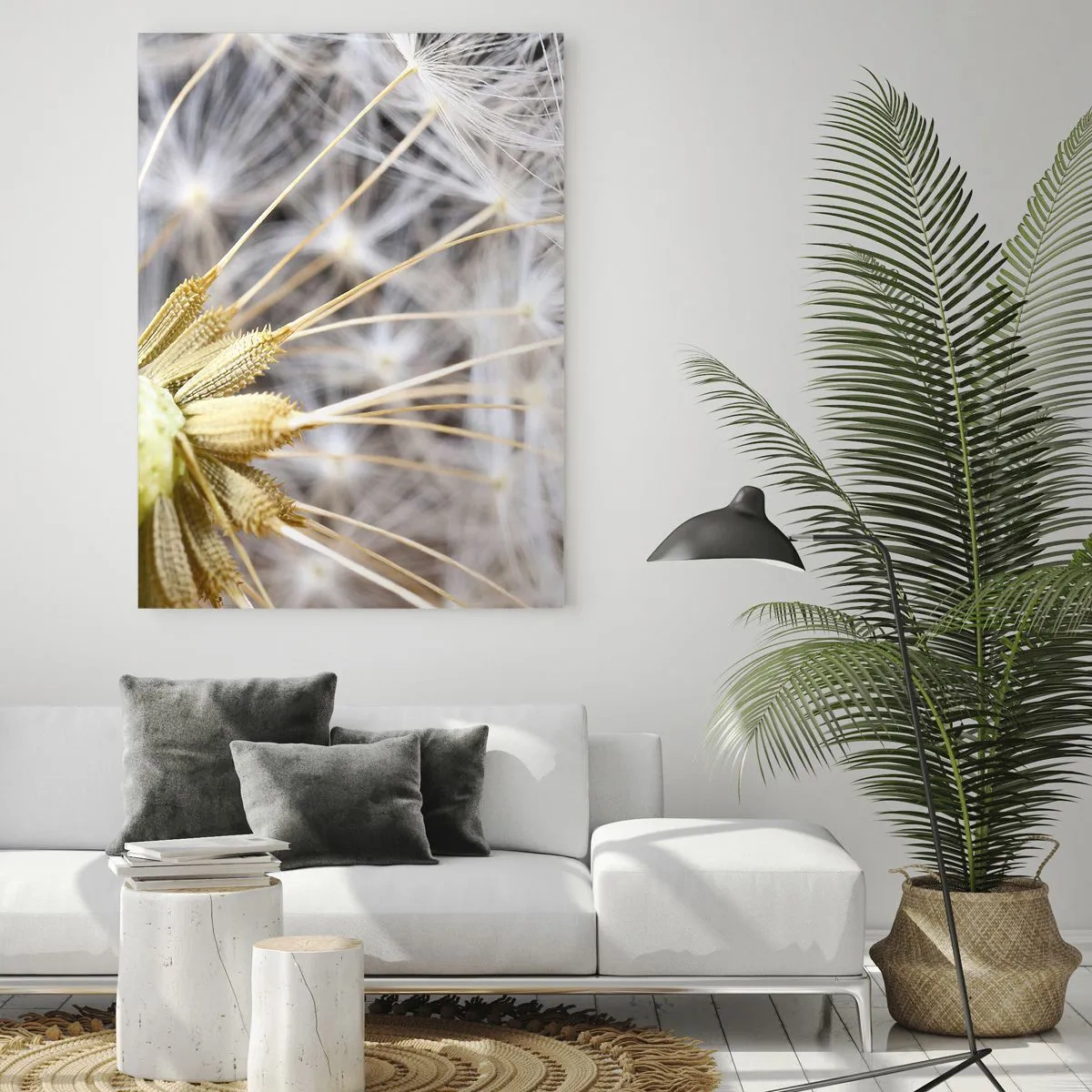 Glasbild - Bild auf glas - Nahaufnahme eines Löwenzahns mit zarten Samen - 50x70cm - Kurz vor dem Abflug - Moderne Wanddekoration für Wohnzimmer und Schlafzimmer ARTTOR