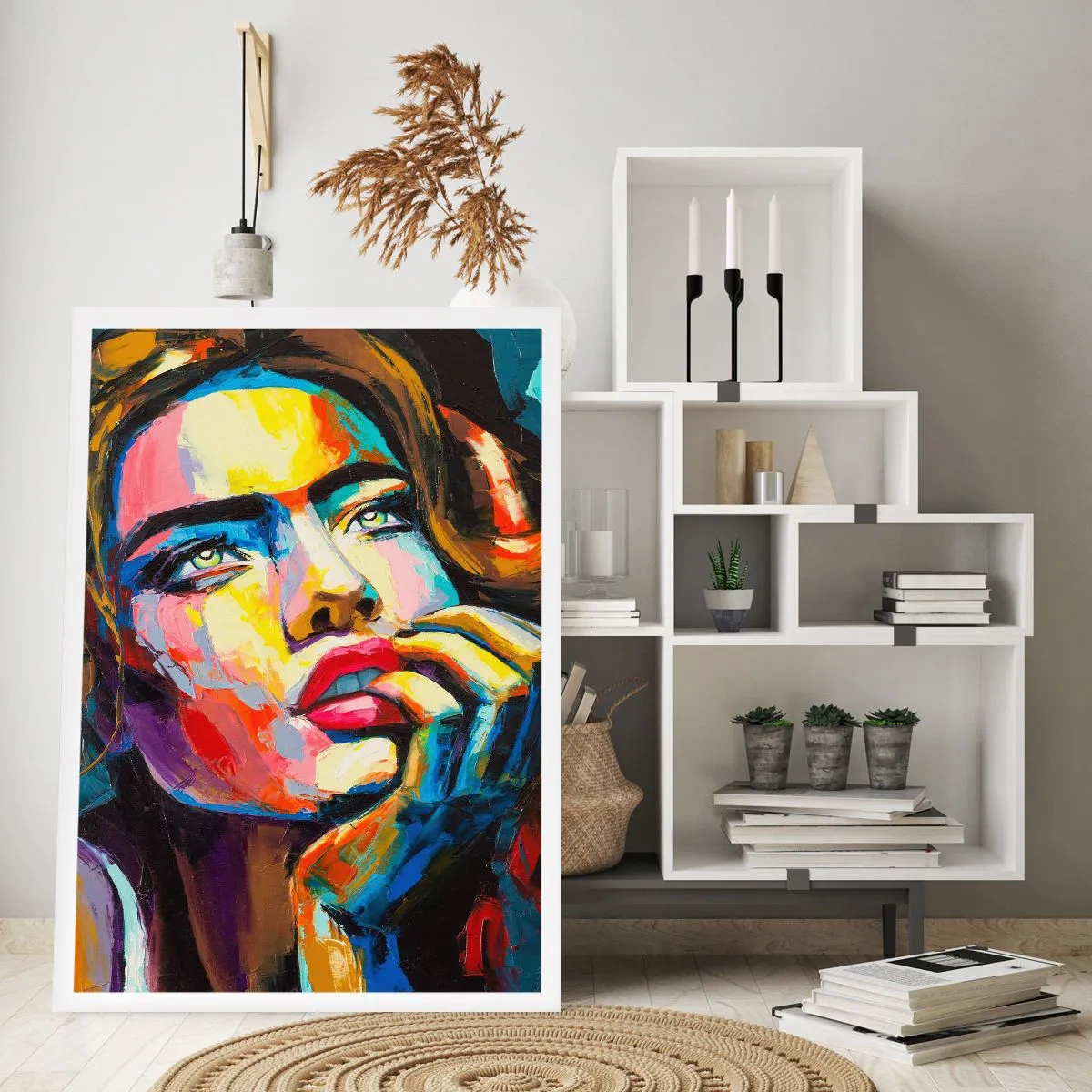 Poster - Ein markantes, farbenfrohes Frauenporträt im ausdrucksstarken Stil. - 50x70cm - Träume fliegen am Himmel wie Vögel - Moderne Wanddekoration für Wohnzimmer und Schlafzimmer ARTTOR
