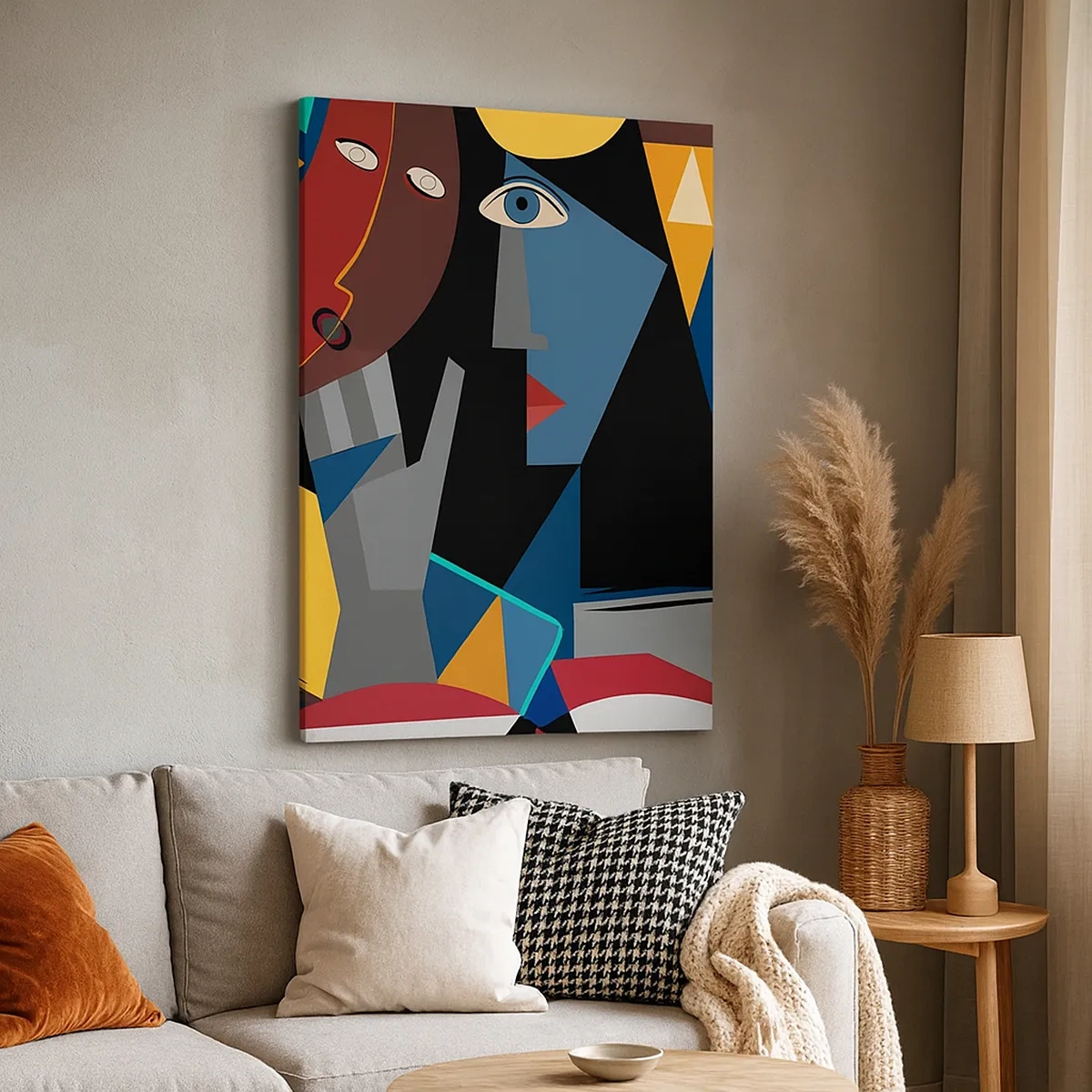 Bild auf Leinwand - Leinwandbild - Kubistische Gesichter in intensiven Farben - 50x70cm - Gespräch zwischen Kubisten - Moderne Wanddekoration für Wohnzimmer und Schlafzimmer ARTTOR
