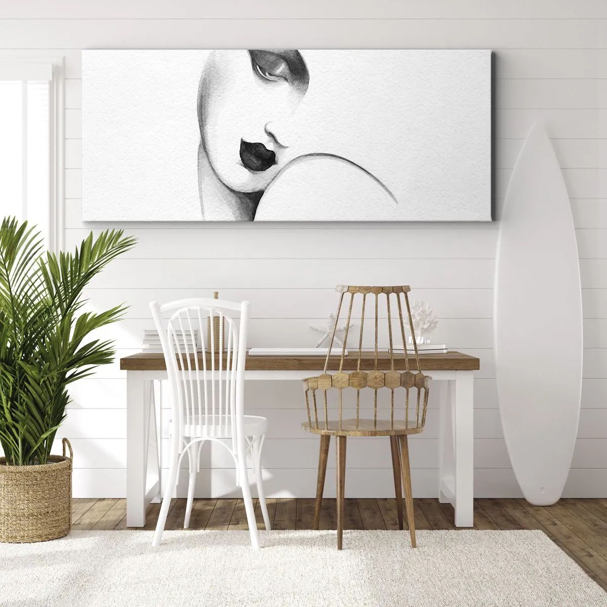 Bild auf Leinwand - Leinwandbild - Ein subtiles Frauenporträt im monochromen Stil - 160x50cm - Im Stil von Łempicka - Moderne Wanddekoration für Wohnzimmer und Schlafzimmer ARTTOR