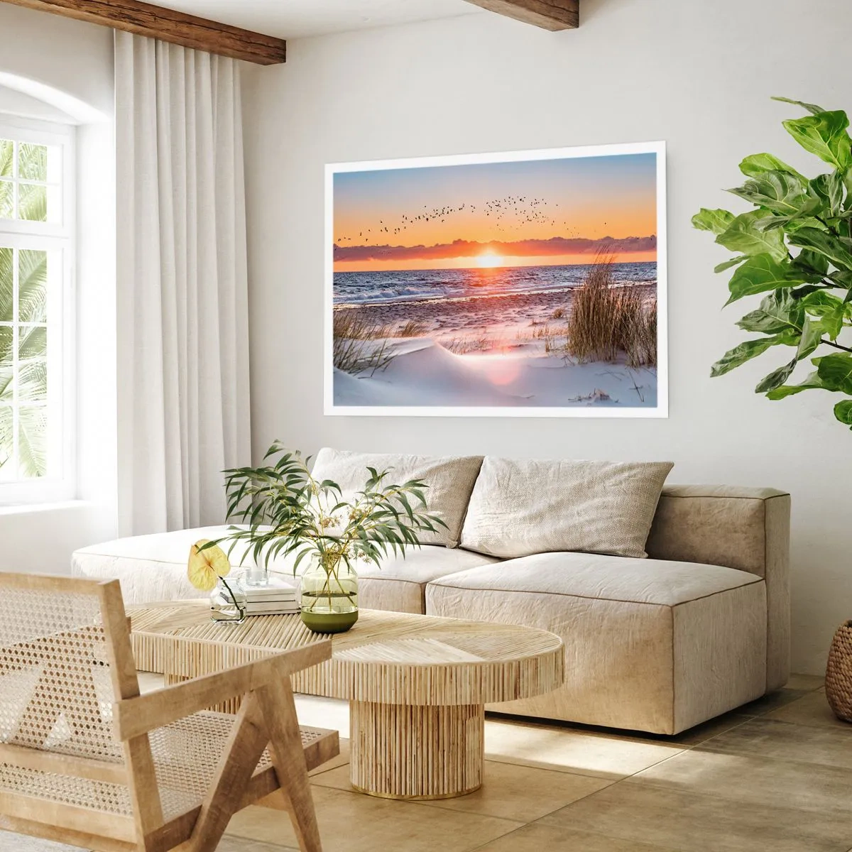 Poster - Sonnenuntergang über dem Meer mit Blick auf die Dünen - 100x70cm - Horizontale Landschaft - Moderne Wanddekoration für Wohnzimmer und Schlafzimmer ARTTOR