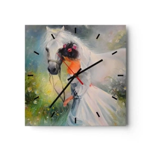 Wanduhr - Glasuhr - Eine Frau mit einem weißen Pferd in einer malerischen Umgebung - 30x30cm - Wie aus einem schönen Traum - Moderne Wanddekoration für Wohnzimmer und Schlafzimmer ARTTOR