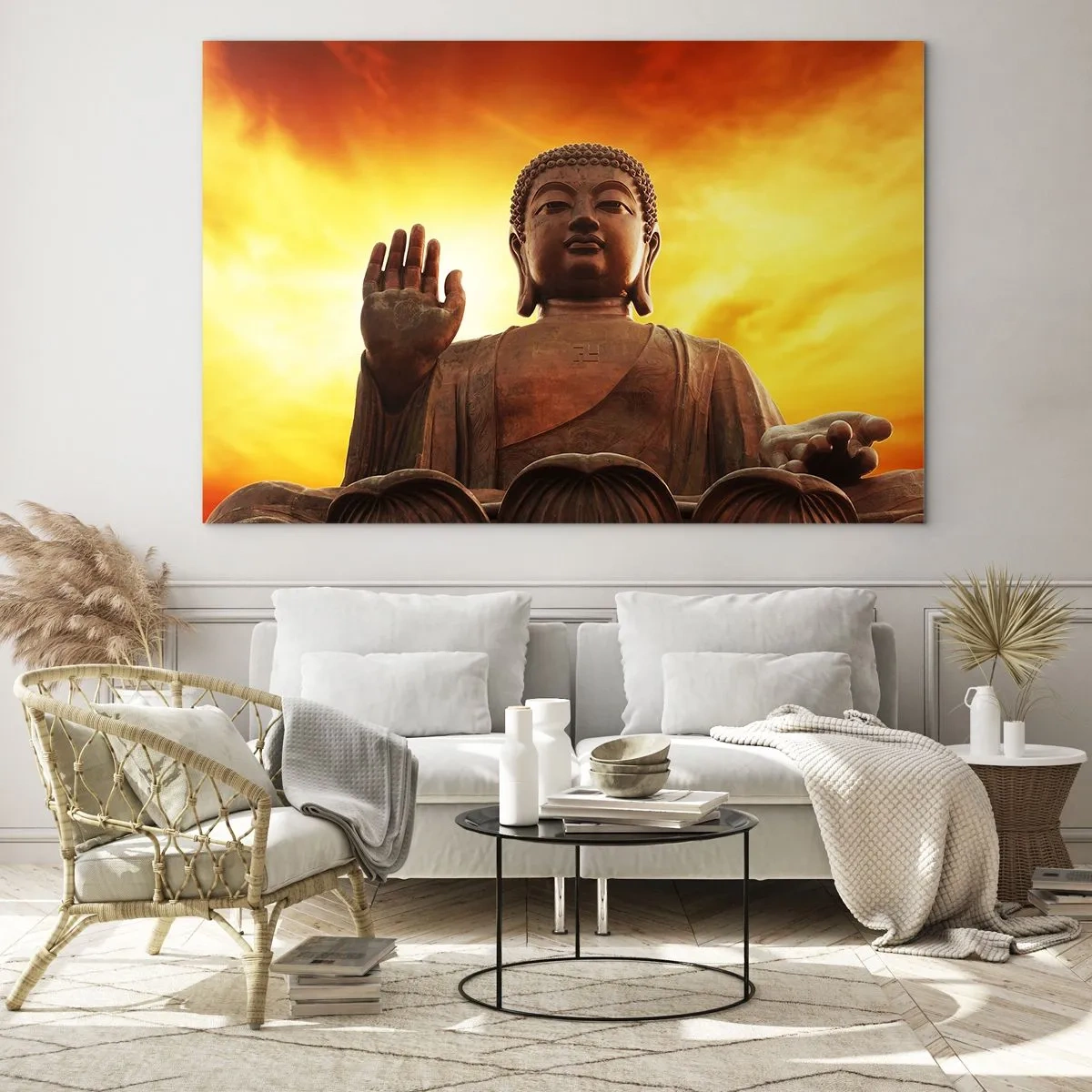 Glasbild - Bild auf glas - Eine Buddha-Statue vor dem Hintergrund eines goldenen Sonnenuntergangs - 100x70cm - Frieden der Welt - Moderne Wanddekoration für Wohnzimmer und Schlafzimmer ARTTOR