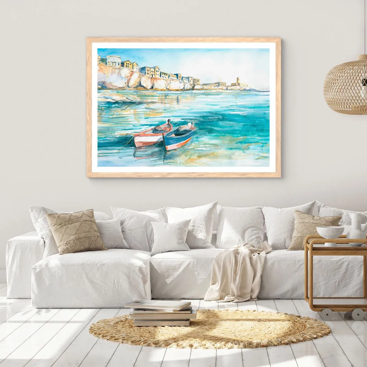 Poster in einem Rahmen aus heller Eiche - Landschaft in Azurblau - 70x50 cm