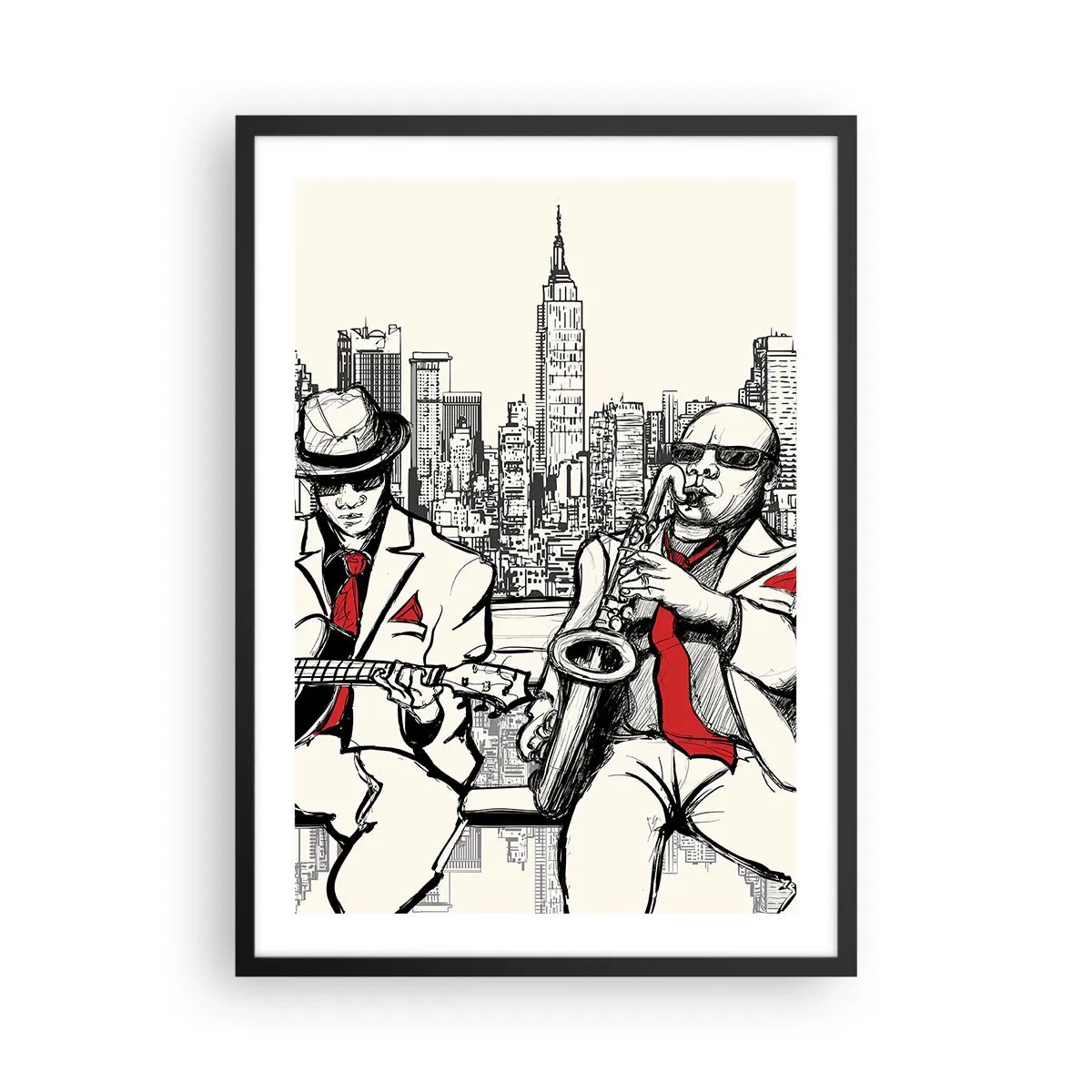 Poster in einem schwarzem Rahmen - Zwei Jazzmusiker vor der Kulisse der Skyline der Stadt - 50x70cm - New Yorker Improvisation - Moderne Wanddekoration für Wohnzimmer und Schlafzimmer ARTTOR
