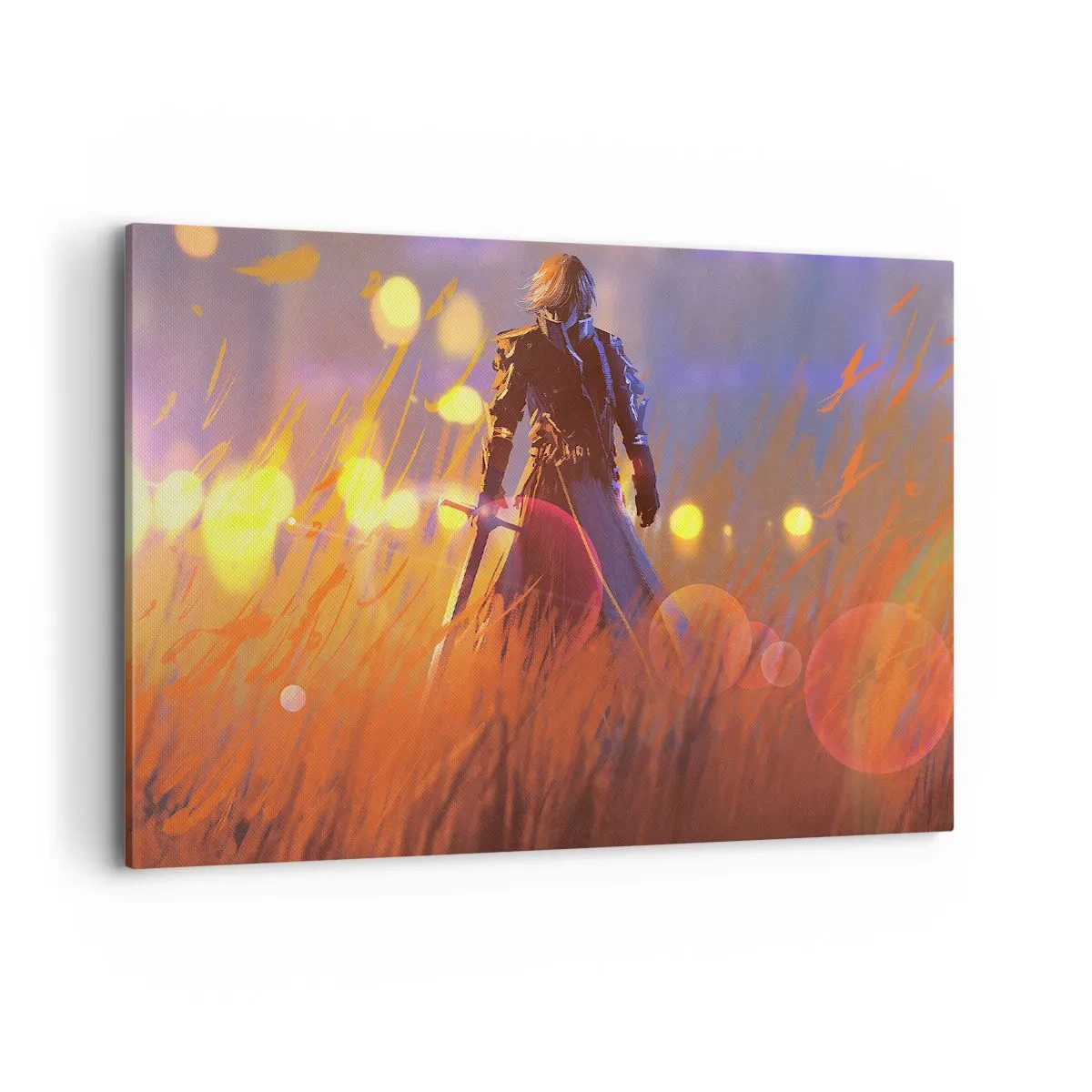 Bild auf Leinwand - Leinwandbild - Die Figur eines Ritters im Licht der untergehenden Sonne auf einem Feld - 100x70cm - Fahrender Ritter - Moderne Wanddekoration für Wohnzimmer und Schlafzimmer ARTTOR