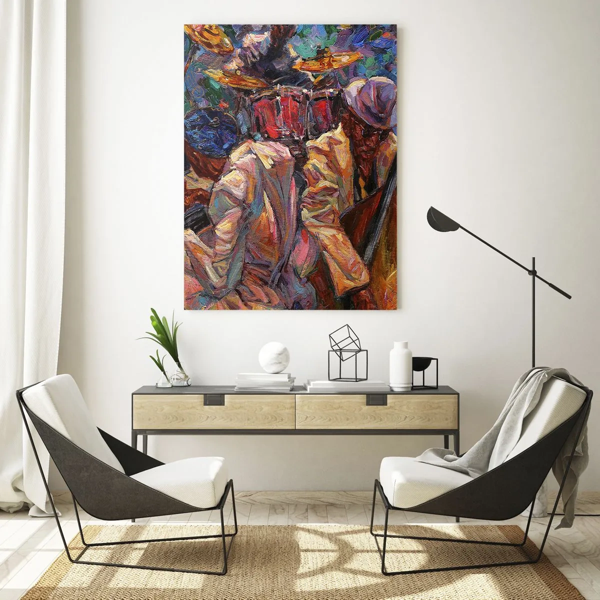 Glasbild - Bild auf glas - Energetische Jazzszene mit Musikern und Instrumenten - 80x120cm - In einem Schlag - Moderne Wanddekoration für Wohnzimmer und Schlafzimmer ARTTOR