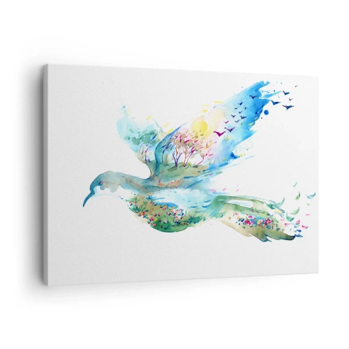 Bild auf Leinwand - Leinwandbild - Aquarellkomposition eines Vogels mit Elementen der Natur - 70x50cm - Auf den Flügeln der Natur - Moderne Wanddekoration für Wohnzimmer und Schlafzimmer ARTTOR