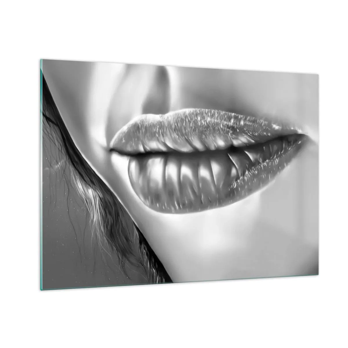 Glasbild - Bild auf glas - Sinnlich-feminine Lippen in monochromen Tönen - 100x70cm - Ich weiß, was du denkst… - Moderne Wanddekoration für Wohnzimmer und Schlafzimmer ARTTOR
