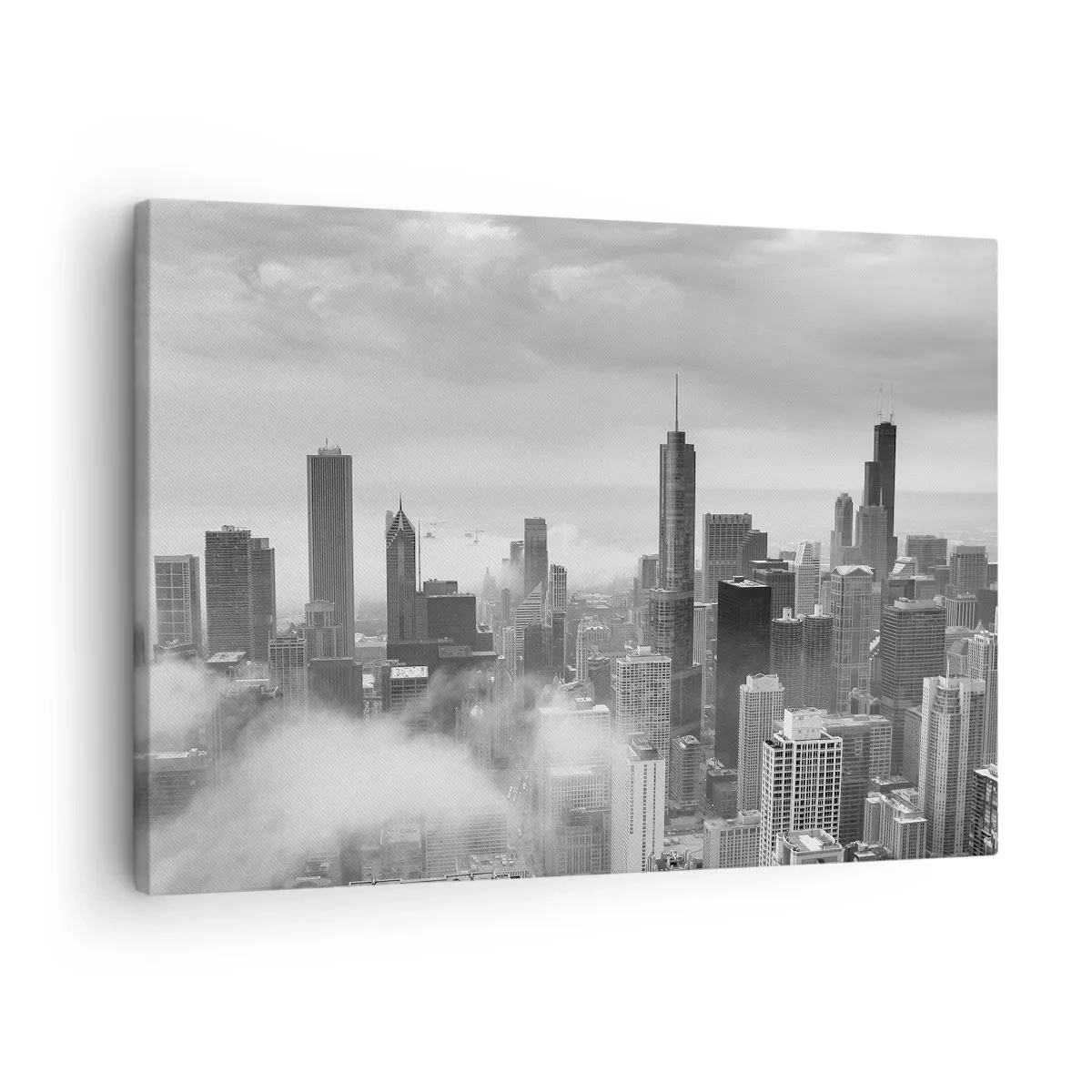 Bild auf Leinwand - Leinwandbild - Stadtpanorama mit Wolkenkratzern in den Wolken in Schwarzweiß - 70x50cm - Amerikanische Landschaft - Moderne Wanddekoration für Wohnzimmer und Schlafzimmer ARTTOR