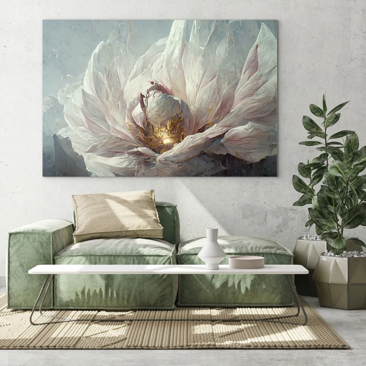 Glasbild - Bild auf glas - Eine blühende Blume in zarten Grau- und Goldtönen - 70x50cm - Sie blüht alle hundert Jahre einmal - Moderne Wanddekoration für Wohnzimmer und Schlafzimmer ARTTOR