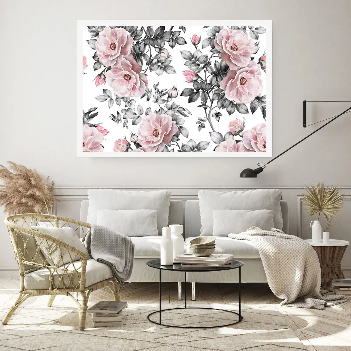 Poster - Rosa Rosen und Blätter auf einem zarten schwarz-weißen Hintergrund - 100x70cm - Verliere dich in den Blüten der Rosen - Moderne Wanddekoration für Wohnzimmer und Schlafzimmer ARTTOR