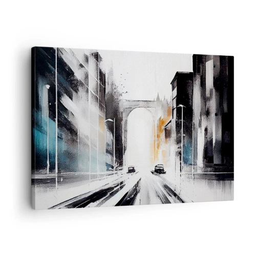 Bild auf Leinwand - Leinwandbild - Abstraktes Stadtpanorama mit einer Bogenbrücke - 70x50cm - Stadtstudie: Architektur und Bewegung - Moderne Wanddekoration für Wohnzimmer und Schlafzimmer ARTTOR