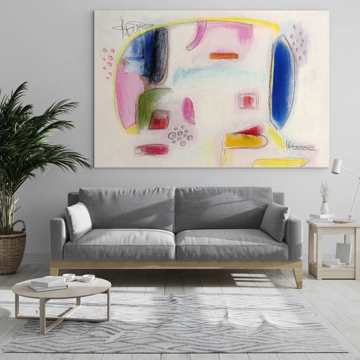 Glasbild - Bild auf glas - Farbenfrohe Abstraktion mit geometrischen Formen und Pastelltönen - 120x80cm - Eher konvex als konkav oder flach - Moderne Wanddekoration für Wohnzimmer und Schlafzimmer ARTTOR