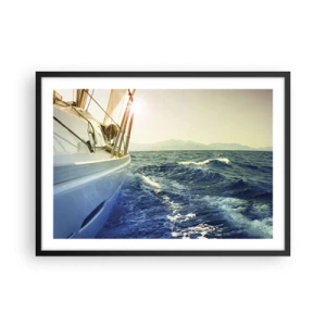 Poster in einem schwarzem Rahmen - Eine Yacht auf offener See mit Blick auf die Wellen - 70x50cm - Auf ins Abenteuer - Moderne Wanddekoration für Wohnzimmer und Schlafzimmer ARTTOR