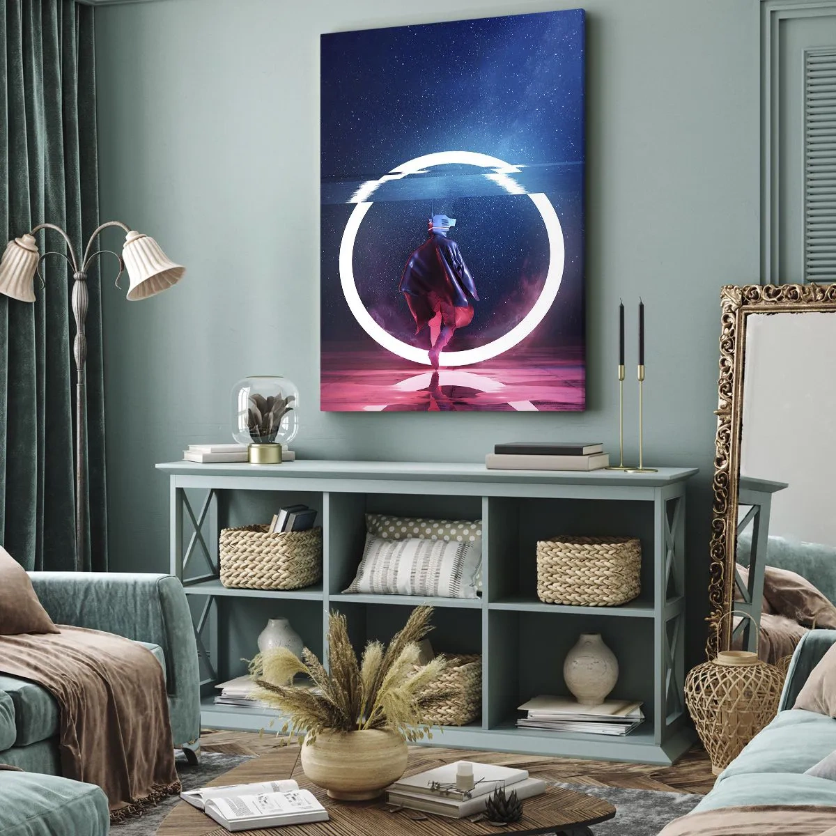 Bild auf Leinwand - Leinwandbild - Eine Figur in einer futuristischen Umgebung mit einem Neonkreis - 70x100cm - Zwischen den Welten - Moderne Wanddekoration für Wohnzimmer und Schlafzimmer ARTTOR