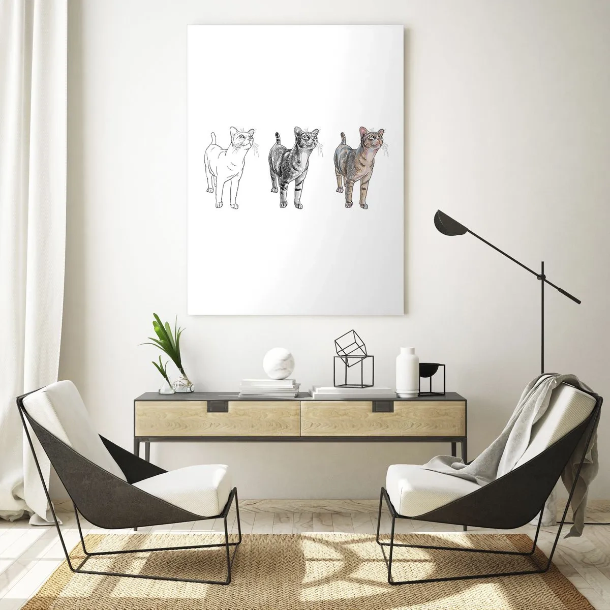 Glasbild - Bild auf glas - Die Entwicklung einer Katzenzeichnung von der Skizze zur farbigen Form - 70x100cm - Zeichenunterricht - Moderne Wanddekoration für Wohnzimmer und Schlafzimmer ARTTOR