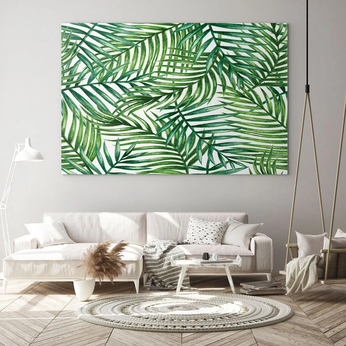 Glasbild - Bild auf glas - Grüne Palmblätter auf weißem Hintergrund erzeugen ein geometrisches Muster - 70x50cm - Unter dem grünen Baldachin - Moderne Wanddekoration für Wohnzimmer und Schlafzimmer ARTTOR