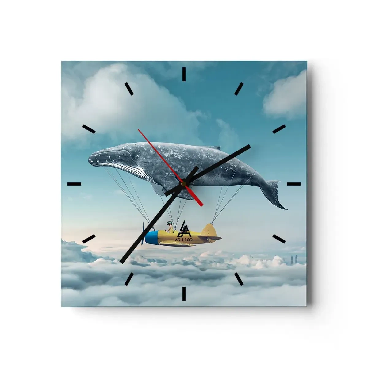 Wanduhr - Glasuhr - Ein fliegender Wal trägt ein Flugzeug in einer surrealen Umgebung. - 30x30cm - Warum nicht? - Moderne Wanddekoration für Wohnzimmer und Schlafzimmer ARTTOR