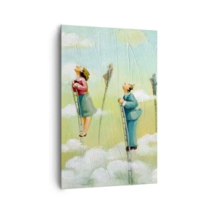 Bild auf Leinwand - Leinwandbild - Figuren, die auf pastellfarbenem Hintergrund zwischen Wolken Leitern hochklettern. - 80x120cm - Hinter deinem Traum - Moderne Wanddekoration für Wohnzimmer und Schlafzimmer ARTTOR