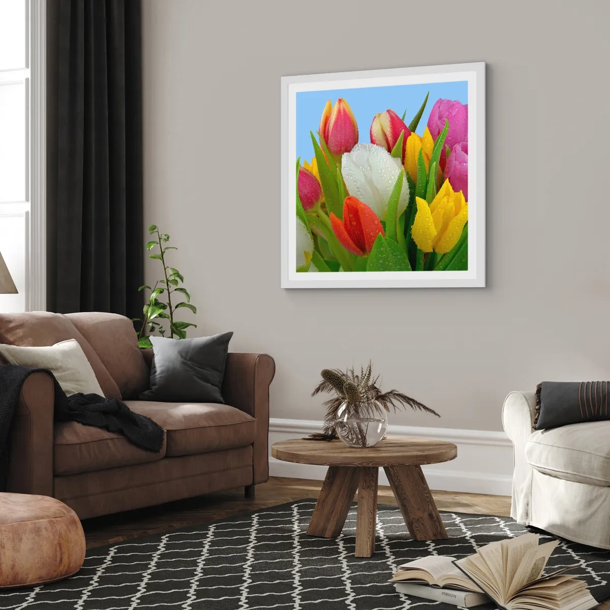 Poster in einem weißen Rahmen - Ein blumiger Regenbogen in Tautropfen - 60x60 cm