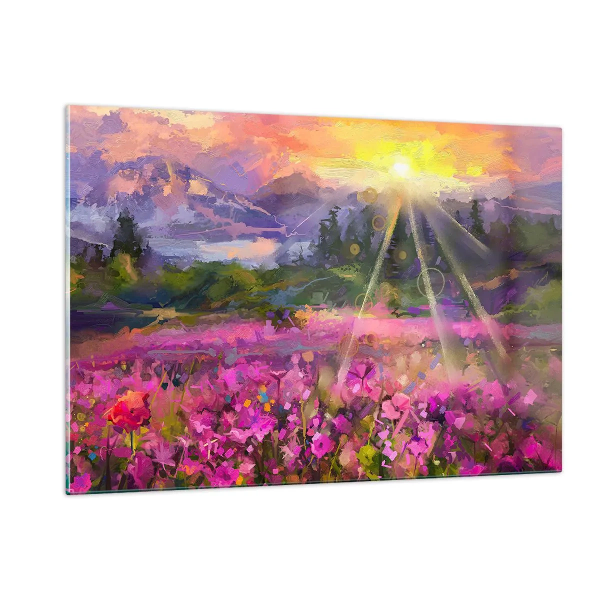 Glasbild - Bild auf glas - Ein malerisches Tal voller Blumen, beleuchtet von den Sonnenstrahlen - 120x80cm - Im Tal unter dem Schutz der Sonne - Moderne Wanddekoration für Wohnzimmer und Schlafzimmer ARTTOR