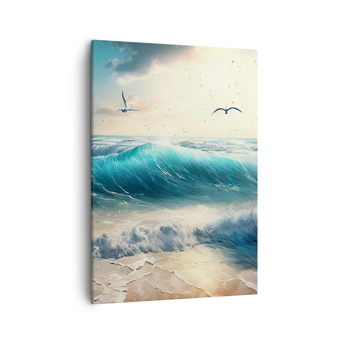 Bild auf Leinwand - Leinwandbild - Meereswellen am Strand unter blauem Himmel mit Möwen - 50x70cm - Es summt nur für dich - Moderne Wanddekoration für Wohnzimmer und Schlafzimmer ARTTOR