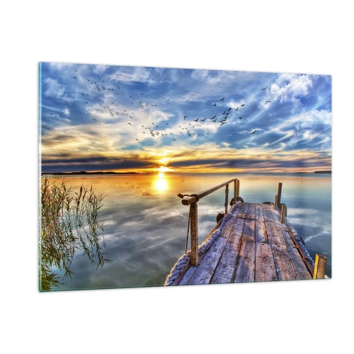 Glasbild - Bild auf glas - Lakeside Pier bei Sonnenuntergang mit Vögeln am Himmel - 120x80cm - Der Wind geht zur Ruhe - Moderne Wanddekoration für Wohnzimmer und Schlafzimmer ARTTOR