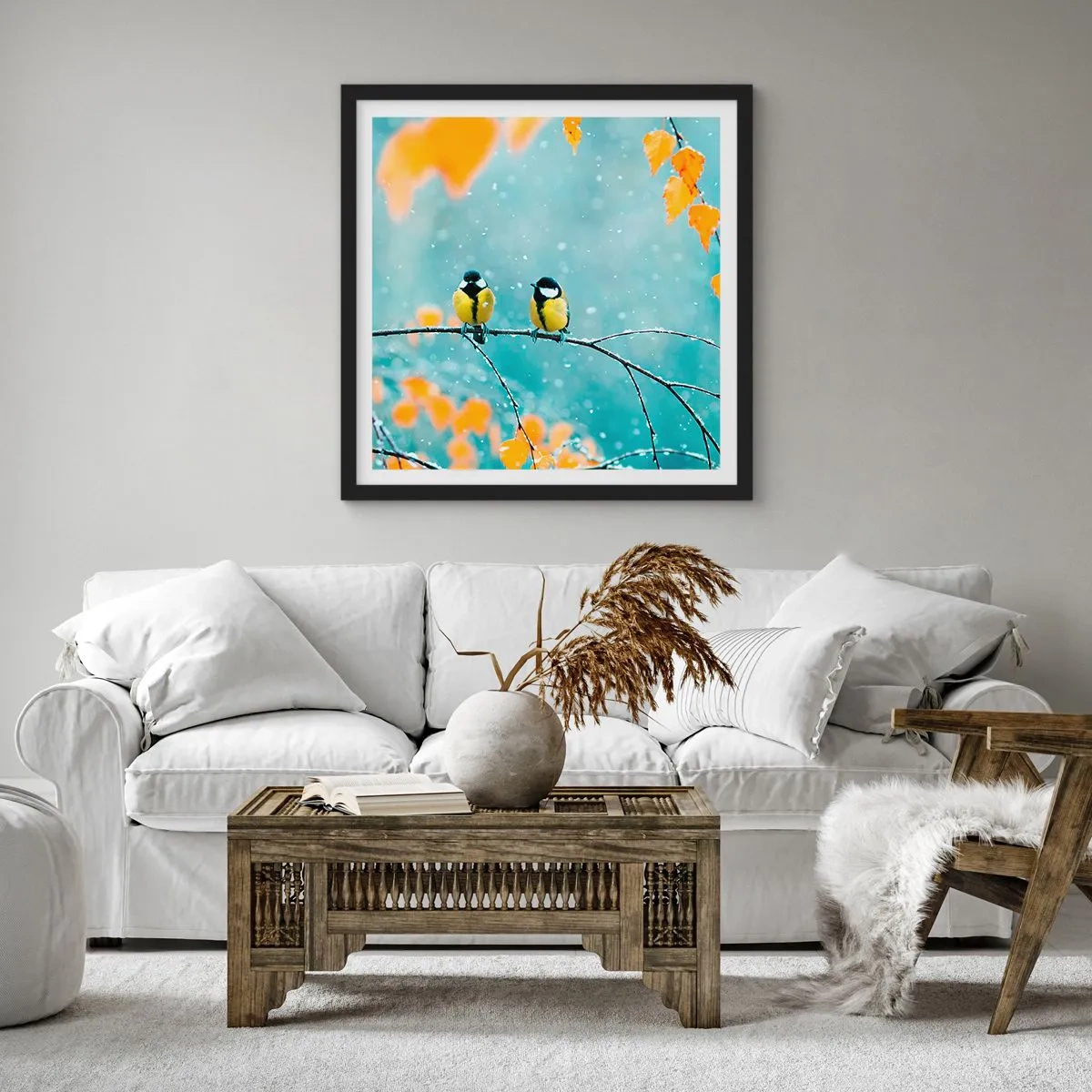 Poster in einem schwarzem Rahmen - Vogelklatsch - 50x50 cm