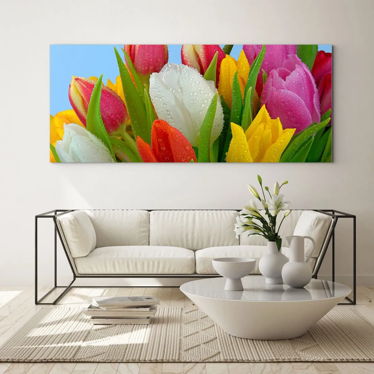 Glasbild - Bild auf glas - Ein blumiger Regenbogen in Tautropfen - 100x40 cm
