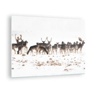 Glasbild - Bild auf glas - Ein Foto einer Hirschherde in einer verschneiten Landschaft - 70x50cm - Kommen die Weihnachten? - Moderne Wanddekoration für Wohnzimmer und Schlafzimmer ARTTOR