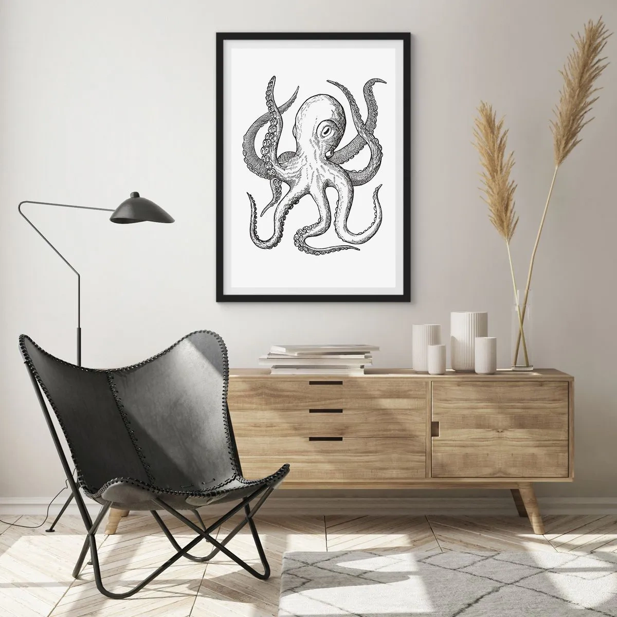 Poster in einem schwarzem Rahmen - Schwarz-weiße Vintage-Oktopus-Illustration - 50x70cm - Mit den Wellen tanzen - Moderne Wanddekoration für Wohnzimmer und Schlafzimmer ARTTOR