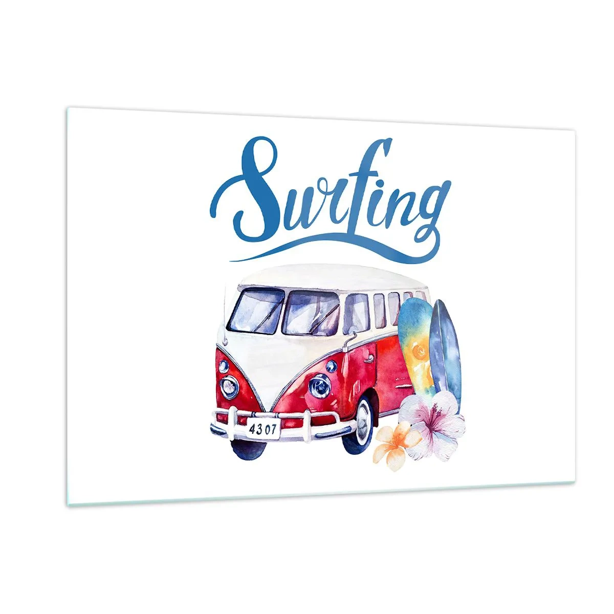 Glasbild - Bild auf glas - Surfthema mit Van und Brettern - 120x80cm - Gurke - ein Klassiker für einen Surfer - Moderne Wanddekoration für Wohnzimmer und Schlafzimmer ARTTOR